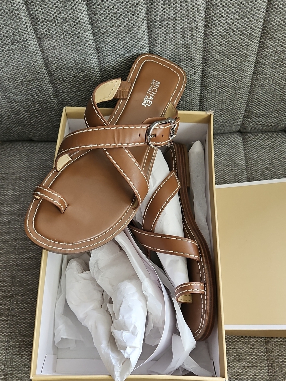MICHAEL Michael Kors Tan Brown Leather Buckle Slide Sandals